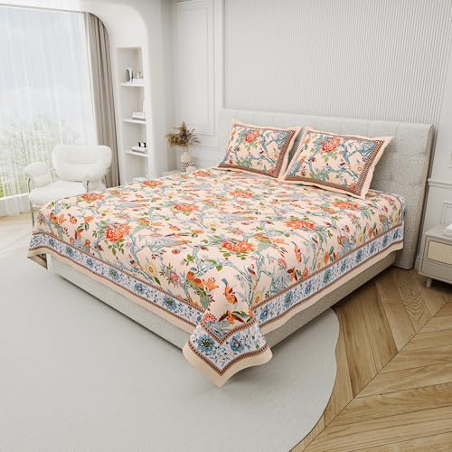 DE CAMA Since 1997 | 100% Cotton 300 TC Premium King Size Bedsheet for Double Bed (90 x 108 Inch) with 2 Pillow Covers Set (17 x 27 Inch) Designer Printed Bedsheet Set - Bird, Yellow - Image 2