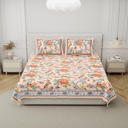 DE CAMA Since 1997 | 100% Cotton 300 TC Premium King Size Bedsheet for Double Bed (90 x 108 Inch) with 2 Pillow Covers Set (17 x 27 Inch) Designer Printed Bedsheet Set - Bird, Yellow - Image 3
