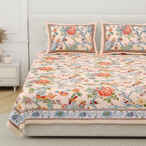 DE CAMA Since 1997 | 100% Cotton 300 TC Premium King Size Bedsheet for Double Bed (90 x 108 Inch) with 2 Pillow Covers Set (17 x 27 Inch) Designer Printed Bedsheet Set - Bird, Yellow - Image 1