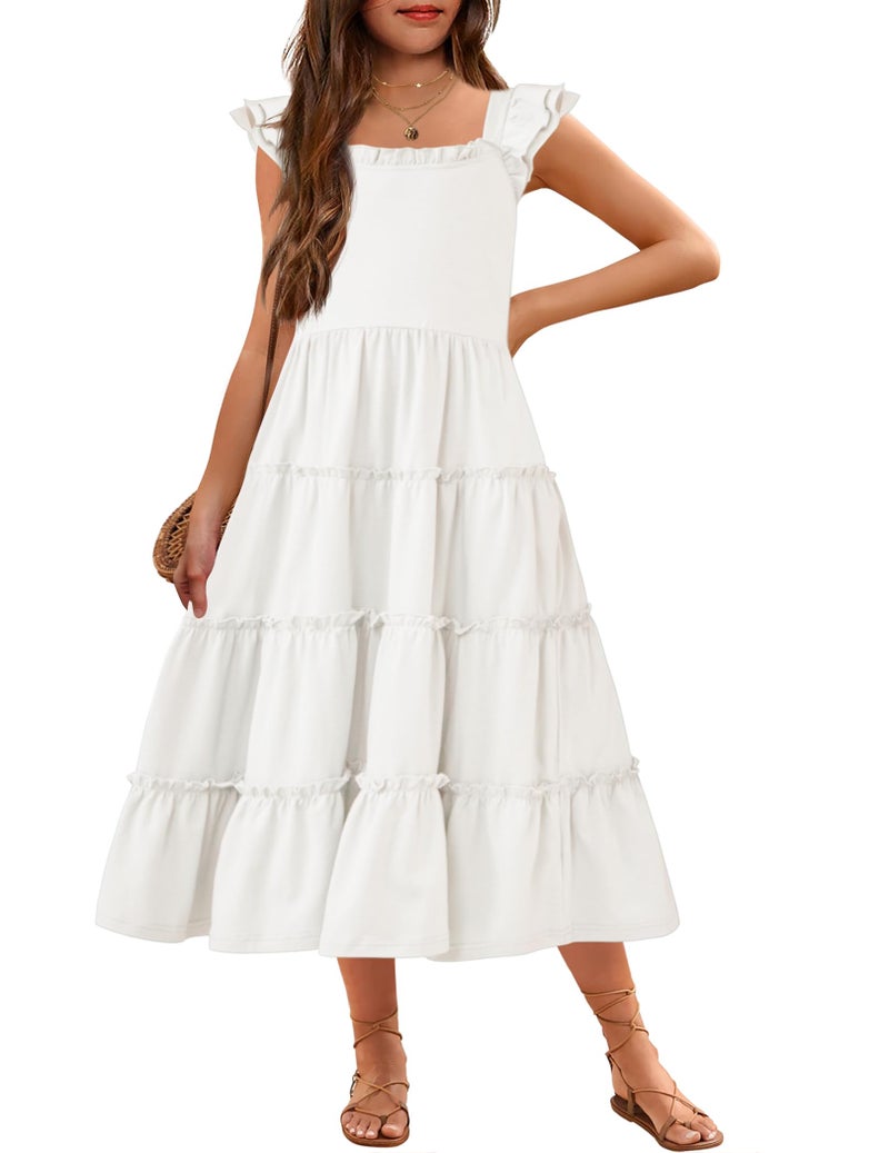Arshiner Girls Maxi Summer Short Flutter Sleeve Casual Dress with Pockets for 13-14 Years White - Image 1