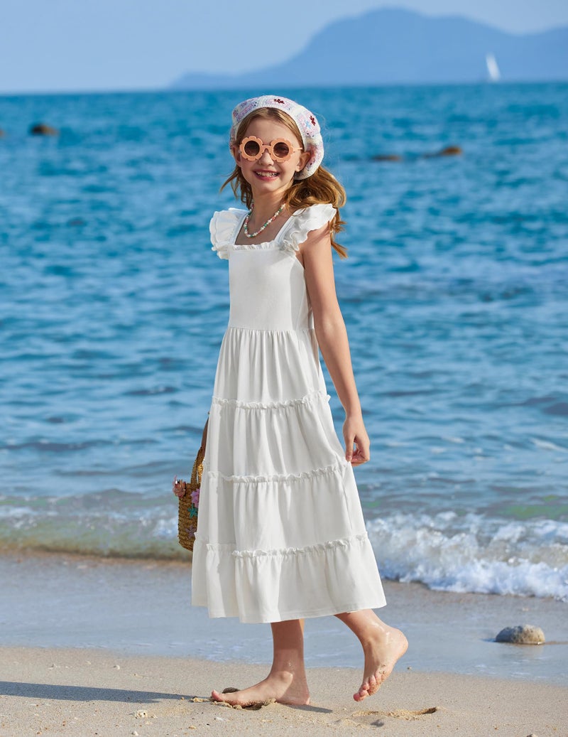 Arshiner Girls Maxi Summer Short Flutter Sleeve Casual Dress with Pockets for 13-14 Years White - Image 4