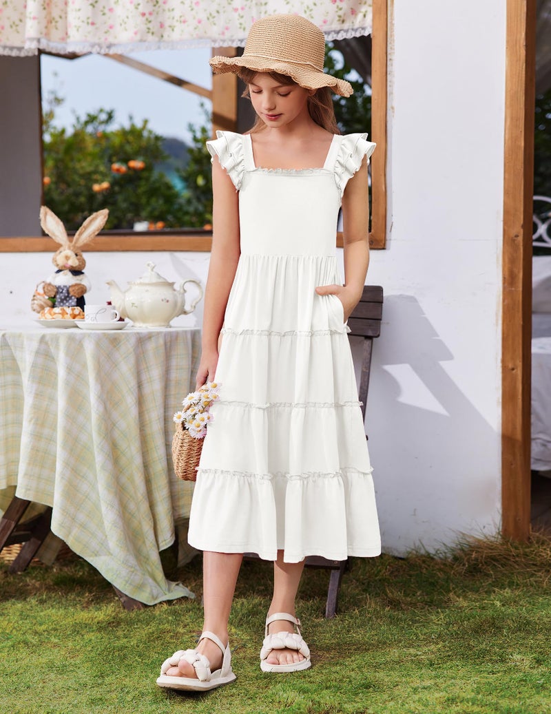 Arshiner Girls Maxi Summer Short Flutter Sleeve Casual Dress with Pockets for 13-14 Years White - Image 2