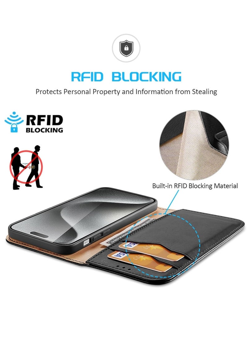 Aookay Compatible with iPhone 16 Pro Max Genuine Leather Wallet Phone Case, RFID Blocking for Case Magnetic Folio Standing Phone Case with Card Slot (Black)  - Image 3