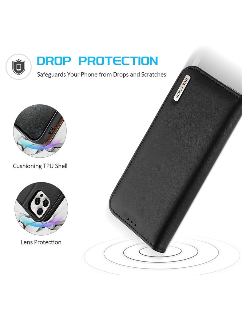 Aookay Compatible with iPhone 16 Pro Max Genuine Leather Wallet Phone Case, RFID Blocking for Case Magnetic Folio Standing Phone Case with Card Slot (Black)  - Image 4
