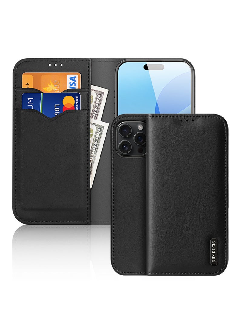 Aookay Compatible with iPhone 16 Pro Max Genuine Leather Wallet Phone Case, RFID Blocking for Case Magnetic Folio Standing Phone Case with Card Slot (Black)  - Image 1