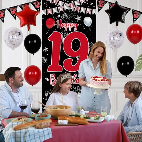 Pounira Red and Black 19th Birthday Decorations for Boys Girls Happy 19th Birthday Decorations for Men Boy 19 Year Old Door Banner Triangle Flag Large 19 Balloons Decor for 19 Bday Party Supplies - Image 5