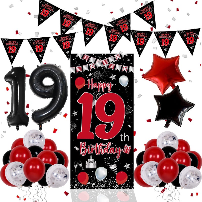 Pounira Red and Black 19th Birthday Decorations for Boys Girls Happy 19th Birthday Decorations for Men Boy 19 Year Old Door Banner Triangle Flag Large 19 Balloons Decor for 19 Bday Party Supplies - Image 3