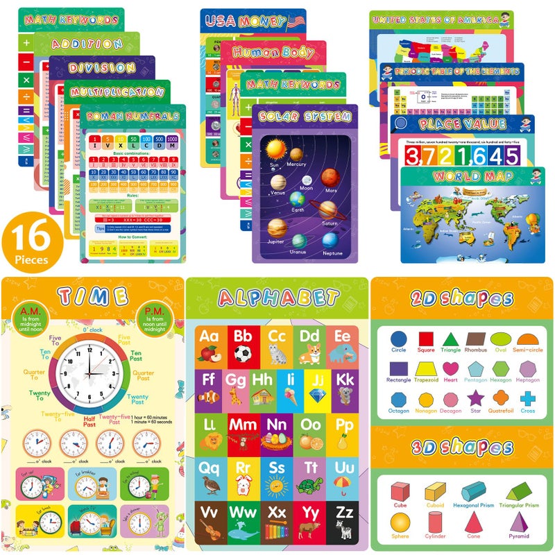 DOCAS 16 Pieces Educational Posters for Elementary Middle School Classroom Teach Homeschool Decor 1st 2nd 3rd 4th 5th Grade for Kindergarten Preschoolers Toddlers Kids - Image 1