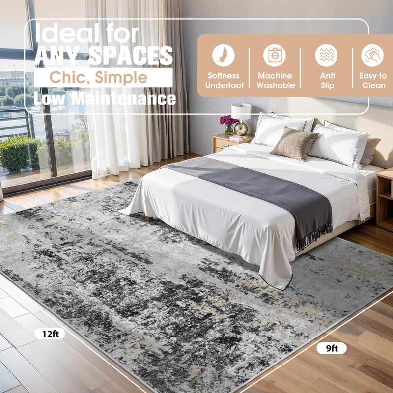 Aelenmu 9x12 Area Rugs for Living Room Rug Washable: Abstract Large Rug for Dining Room Bedroom Carpet Non Slip 9 by 12 Indoor Modern Nursery Home Office Black Grey Gold - Image 2