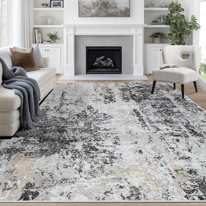 Aelenmu 9x12 Area Rugs for Living Room Rug Washable: Abstract Large Rug for Dining Room Bedroom Carpet Non Slip 9 by 12 Indoor Modern Nursery Home Office Black Grey Gold - Image 1