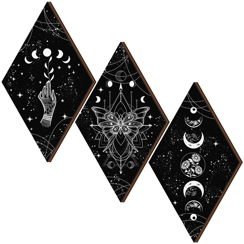 Ferraycle 3 Pcs Rustic Boho Wall Decor Moon Phases Butterfly Wall Art Stars Moon Decor Minimalist Room Decoration Wooden Gothic Witchy Pediments Hanging Sign for Home67 x 118 InchBlack White