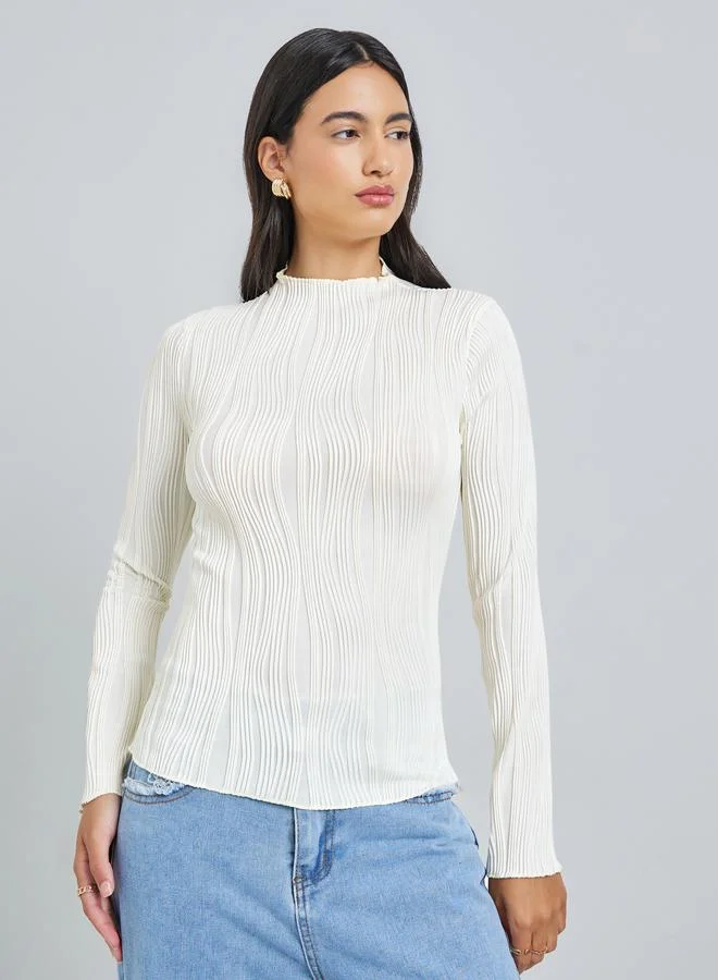 Styli Off-White Textured Knit Long Sleeve Top