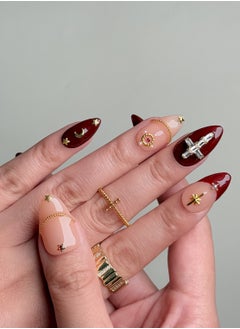 Nailfairy Handmade Press-On Nails – Nailfairy Maroon Nude Style with Star Cross Charms – Elegant Red Queen-Inspired Design – Reusable with Free Application Kit Included  - Image 4