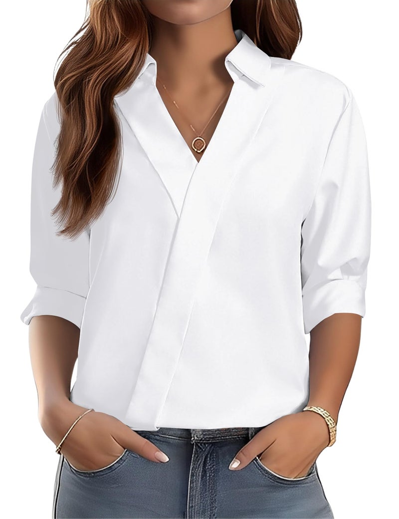 LOMON 3/4 Sleeve Tops for Women Business Casual V-Neck Blouses Dressy Work Tops 2026 Summer Fashion Pullover Outfits (White,XXL) - Image 1