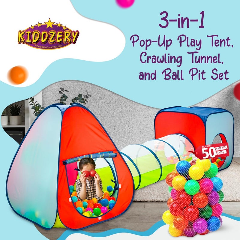 Kiddey Store Kids Play Tent with 50 Balls – 3-Piece Tunnel & Ball Pit Combo – Indoor/Outdoor Pop-Up Set with Mesh Panels & Carry Bag - Image 2