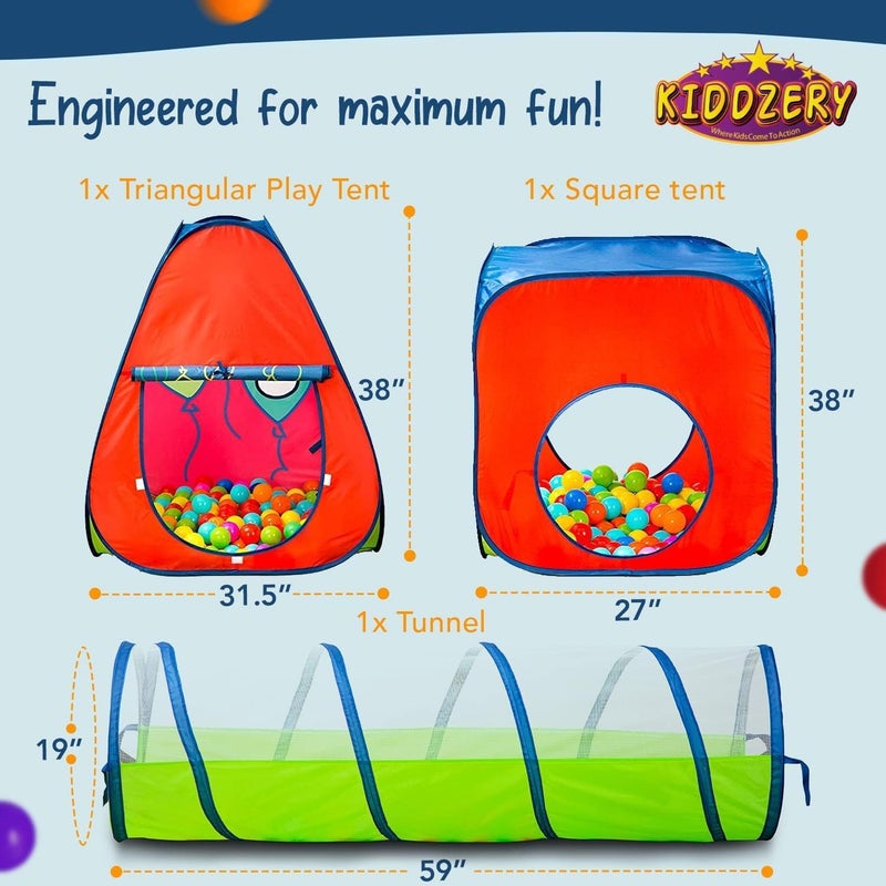 Kiddey Store Kids Play Tent with 50 Balls – 3-Piece Tunnel & Ball Pit Combo – Indoor/Outdoor Pop-Up Set with Mesh Panels & Carry Bag - Image 3