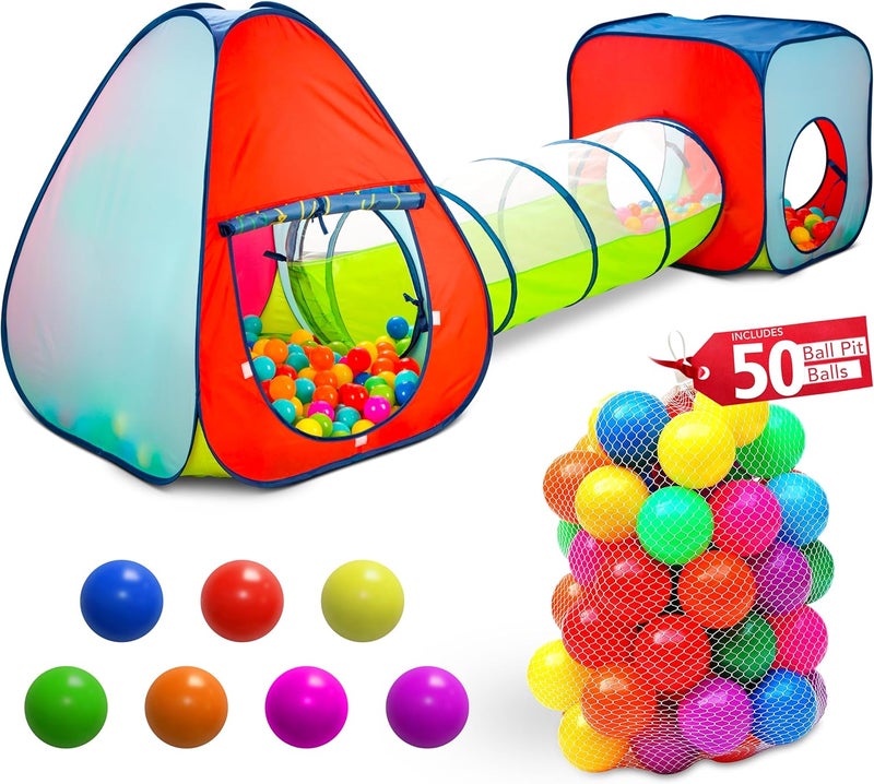 Kiddey Store Kids Play Tent with 50 Balls – 3-Piece Tunnel & Ball Pit Combo – Indoor/Outdoor Pop-Up Set with Mesh Panels & Carry Bag - Image 1