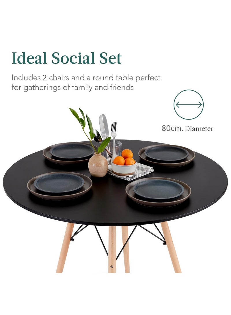 Taimi 3-Piece Dining Table Set - Round Dining Table with Elegant Design 2 Chairs, Solid Wood Black Table 80x72cm with 2 Brown Plastic Chairs and Wooden Legs - Image 2