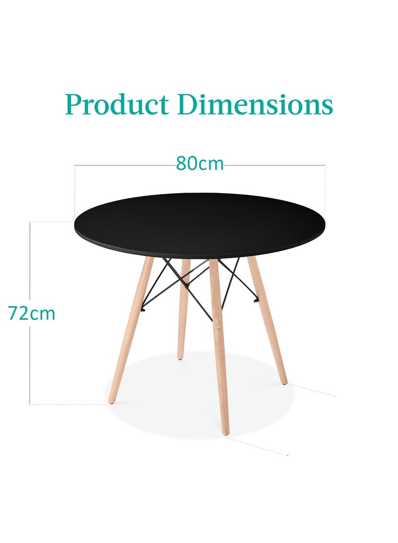 Taimi 3-Piece Dining Table Set - Round Dining Table with Elegant Design 2 Chairs, Solid Wood Black Table 80x72cm with 2 Brown Plastic Chairs and Wooden Legs - Image 4