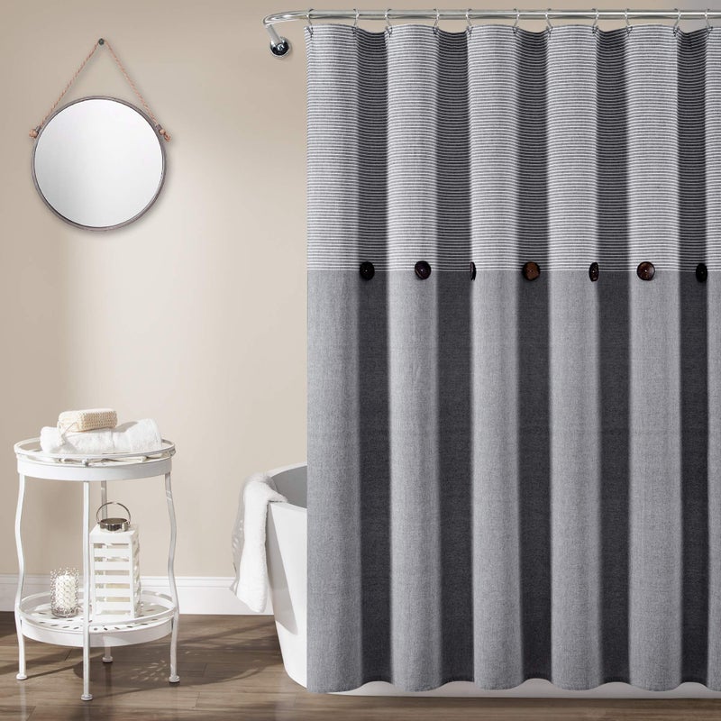 Lush Decor Gray Linen Woven Cotton Shower Curtain Farmhouse Button Stripe Yarn Dyed 72 x 72