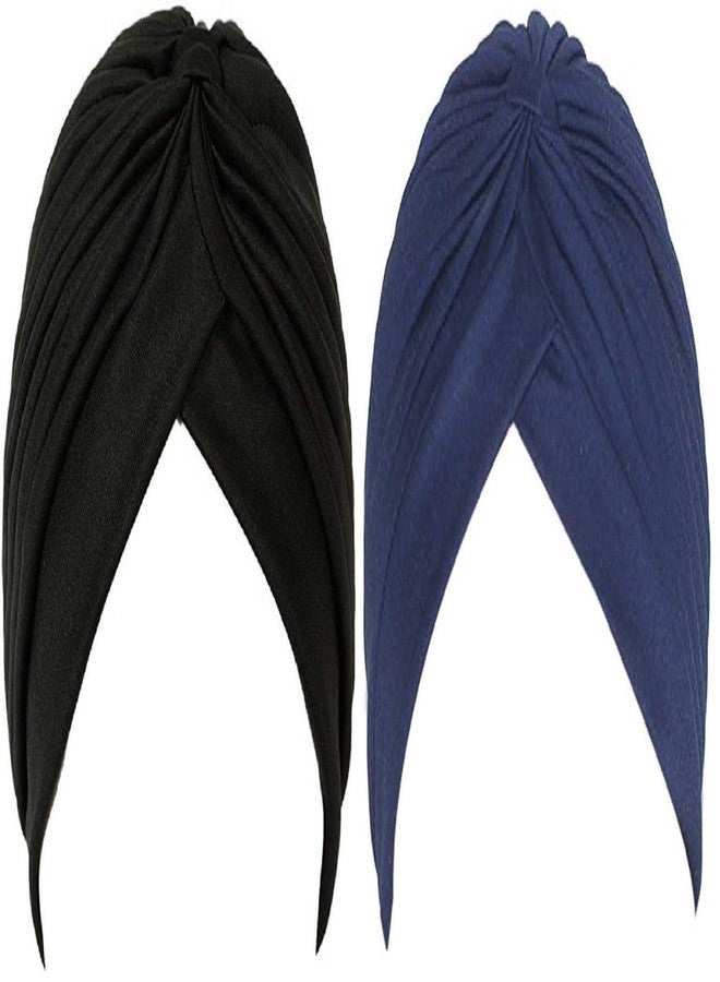 BISMAADH 2 Pcs Men & Women Pleated Head Wrap Knit Bonnet Turban/Pleated Stretchable Polyester Pagri Head Cover/Sun Cap (Black & Blue) - Image 1