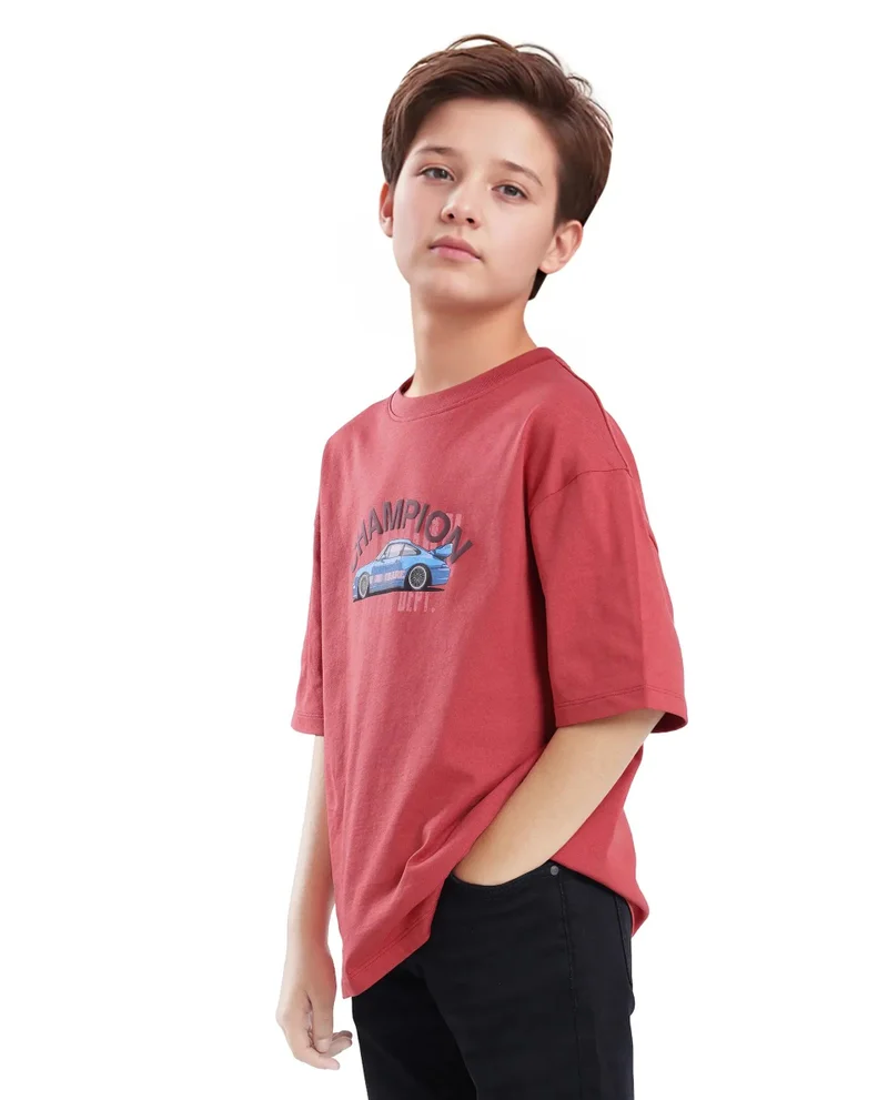 Rare Ones Rare Ones Kids Max Dusky Red Cotton Printed Slip-On Oversized Fit T-Shirt