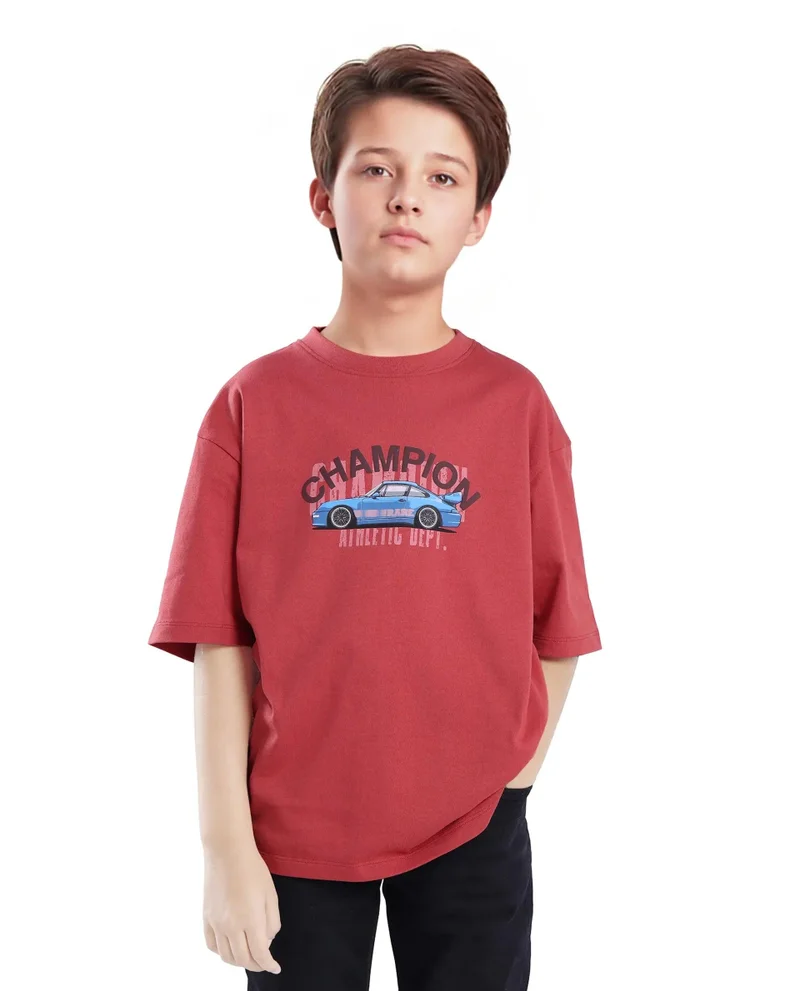 Rare Ones Rare Ones Kids Max Dusky Red Cotton Printed Slip-On Oversized Fit T-Shirt
