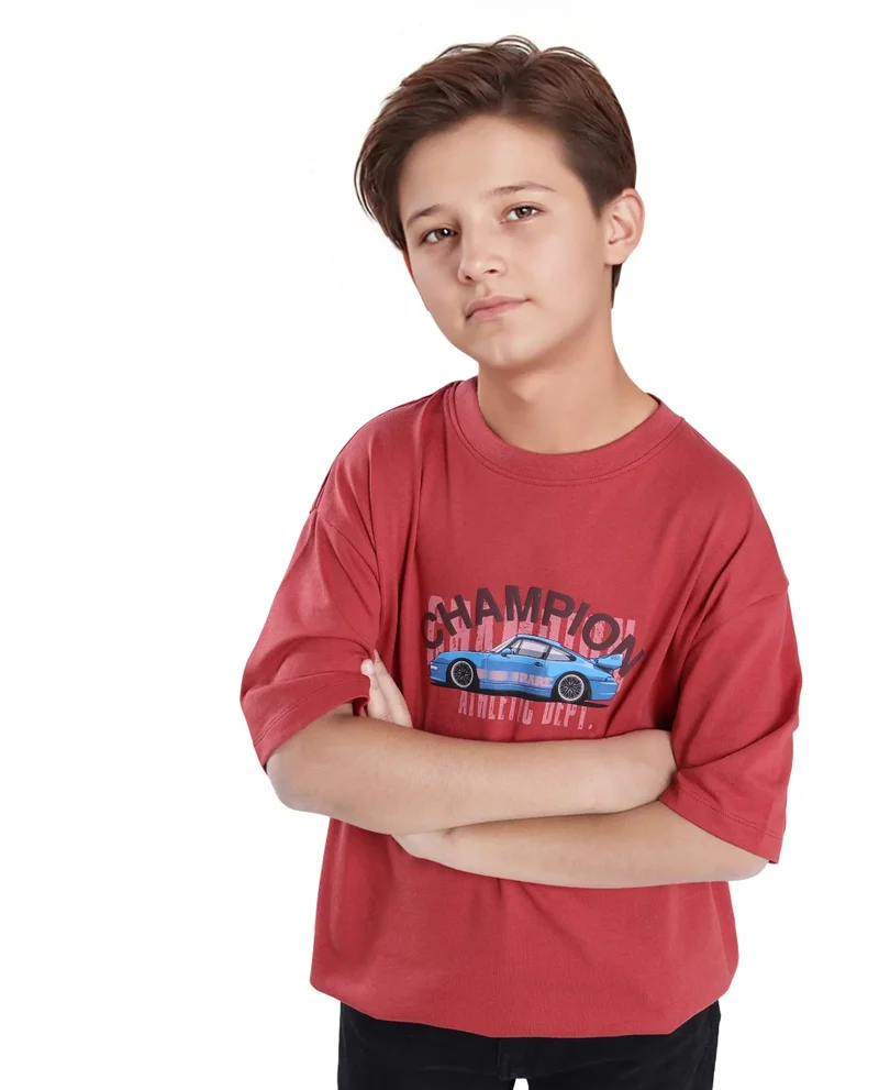 Rare Ones Rare Ones Kids Max Dusky Red Cotton Printed Slip-On Oversized Fit T-Shirt