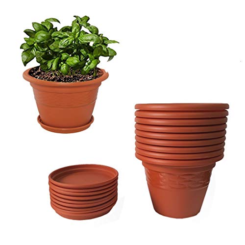 Hevea Siti Plast Heavy Duty Plastic Planter Pots with Bottom Tray Color Terracotta (Pack of 9, 10) - Image 1
