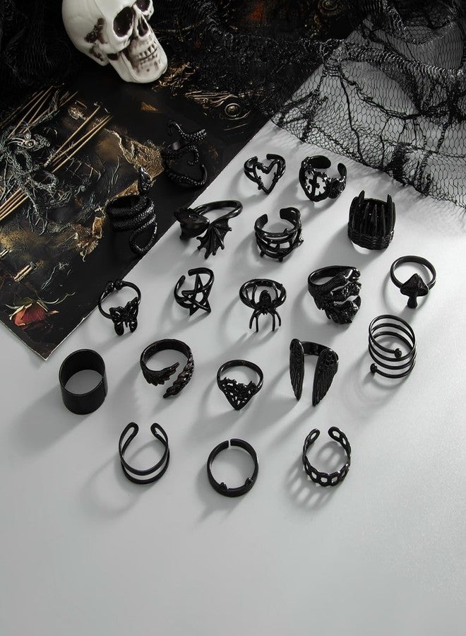 MarveBard 16-20 PCS Gothic Ring Set for Women Men Vintage Black Snake Spider Bat Wing Ring Dark Style Halloween Ring Chunky Stackable Adjustable Y2k Statement Ring Halloween Party Jewelry (Black-20PCS) - Image 4