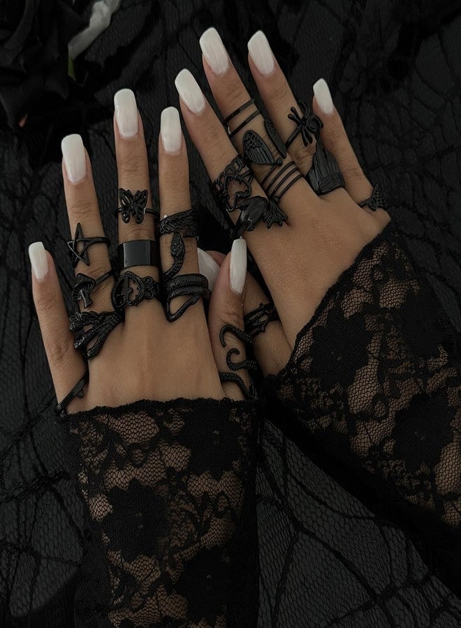 MarveBard 16-20 PCS Gothic Ring Set for Women Men Vintage Black Snake Spider Bat Wing Ring Dark Style Halloween Ring Chunky Stackable Adjustable Y2k Statement Ring Halloween Party Jewelry (Black-20PCS) - Image 2