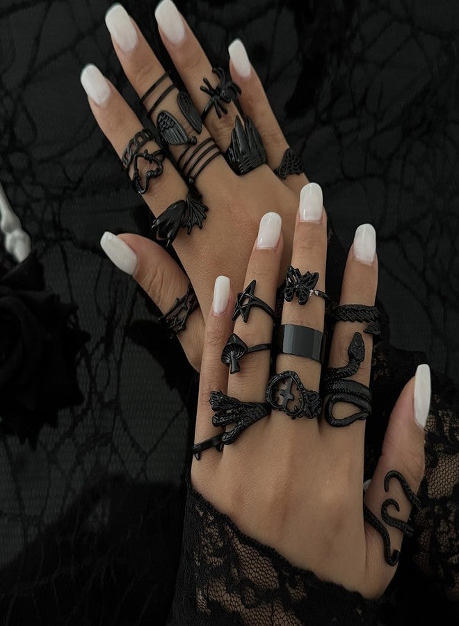 MarveBard 16-20 PCS Gothic Ring Set for Women Men Vintage Black Snake Spider Bat Wing Ring Dark Style Halloween Ring Chunky Stackable Adjustable Y2k Statement Ring Halloween Party Jewelry (Black-20PCS) - Image 3