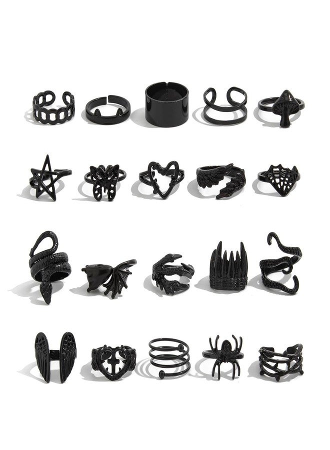 MarveBard 16-20 PCS Gothic Ring Set for Women Men Vintage Black Snake Spider Bat Wing Ring Dark Style Halloween Ring Chunky Stackable Adjustable Y2k Statement Ring Halloween Party Jewelry (Black-20PCS) - Image 1