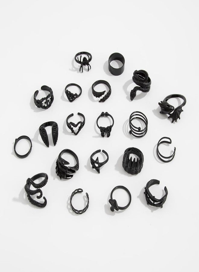 MarveBard 16-20 PCS Gothic Ring Set for Women Men Vintage Black Snake Spider Bat Wing Ring Dark Style Halloween Ring Chunky Stackable Adjustable Y2k Statement Ring Halloween Party Jewelry (Black-20PCS) - Image 5