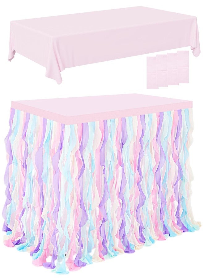 FoldTier Rainbow 6ft Tutu Tulle Willow Table Skirt and 4 Rectangle Tablecloth for Birthday Party Princess Baby Shower Unicorn Wedding Bridal Mermaid with Double Layer Curly Organza Ruffle - Image 1