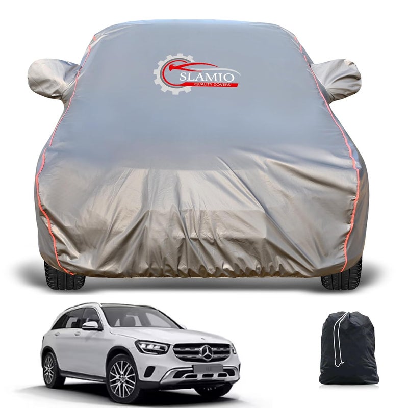 Slamio Heavy-Duty Car Body Cover for Mercedes GLC 200 | Waterproof, Dustproof, UV Protection, Custom Fit, Heavy Belt & Buckle with Mirror & Antenna Pocket | Dark Grey - Image 1