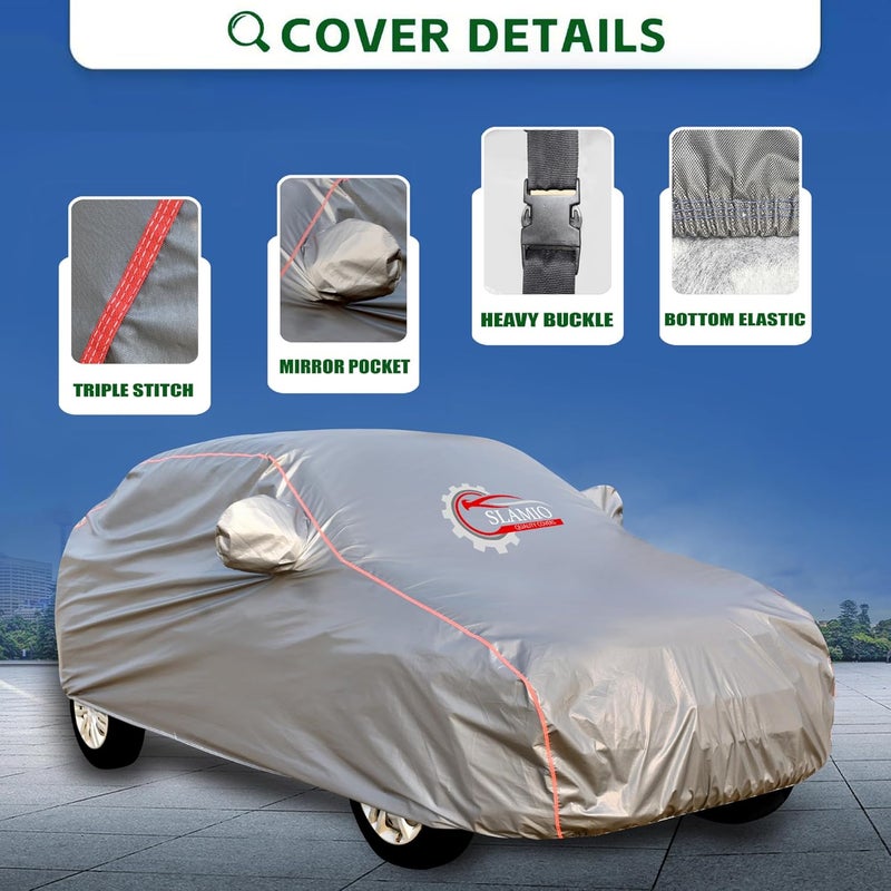 Slamio Heavy-Duty Car Body Cover for Mercedes GLC 200 | Waterproof, Dustproof, UV Protection, Custom Fit, Heavy Belt & Buckle with Mirror & Antenna Pocket | Dark Grey - Image 4