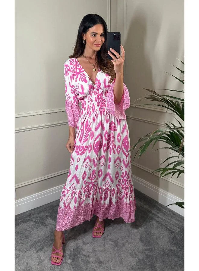 Hoxton Gal Pink & White Geometric Print Maxi Dress V‑Neck, Flutter Sleeves and Shirred Waist
