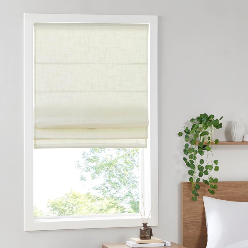 Madison Park Kyler Cordless Roman Shades  Single Panel Lightweight Linen Blend Fabric Natural Design Easy Installation Light Filtering Window Blind Bedroom Living Room Decor 35W x 64L Ivory