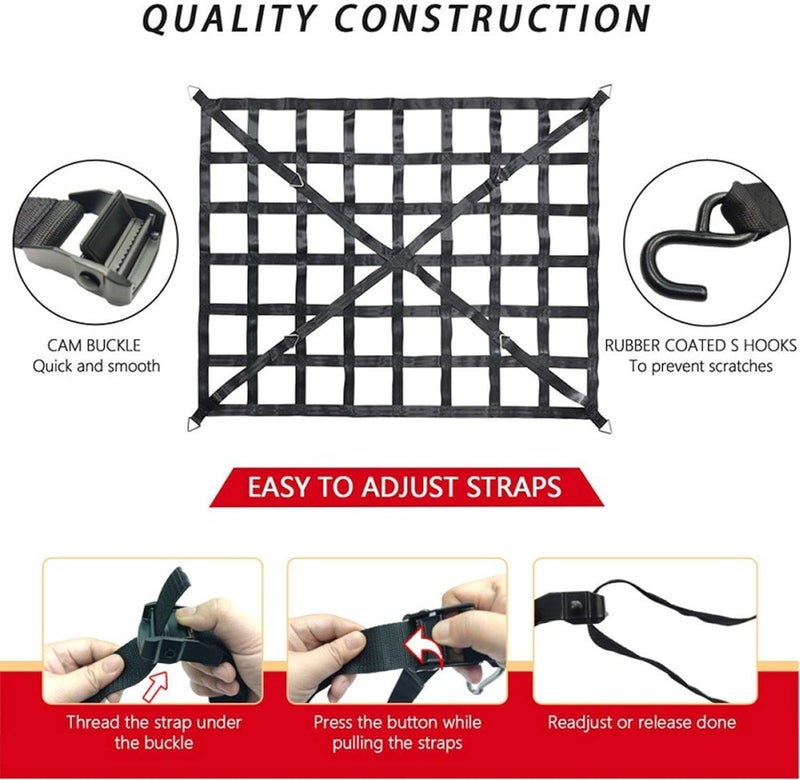 Sorandy Pickup Cargo Net, Adjustable Truck Bed Security Net with Cam Buckles & S Hooks, Heavy Duty 1100lb Capacity Tear Proof Mesh with Storage Bag for SUV Trailer Pickup Boat (66" x 50") - Image 2