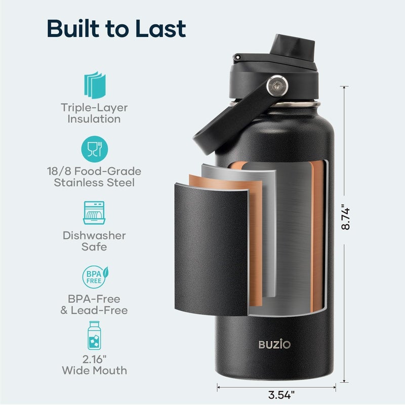 BUZIO Stainless Steel Water Bottle (Cold for 48 Hrs, Hot for 24 Hrs), 32 oz Vacuum Insulated Water Bottle with Straw Lid and Flex Cap (Double Wall, Wide Mouth, BPA Free, Leak Proof), Black - Image 4