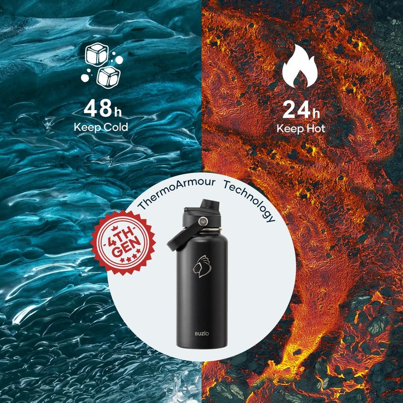 BUZIO Stainless Steel Water Bottle (Cold for 48 Hrs, Hot for 24 Hrs), 32 oz Vacuum Insulated Water Bottle with Straw Lid and Flex Cap (Double Wall, Wide Mouth, BPA Free, Leak Proof), Black - Image 2