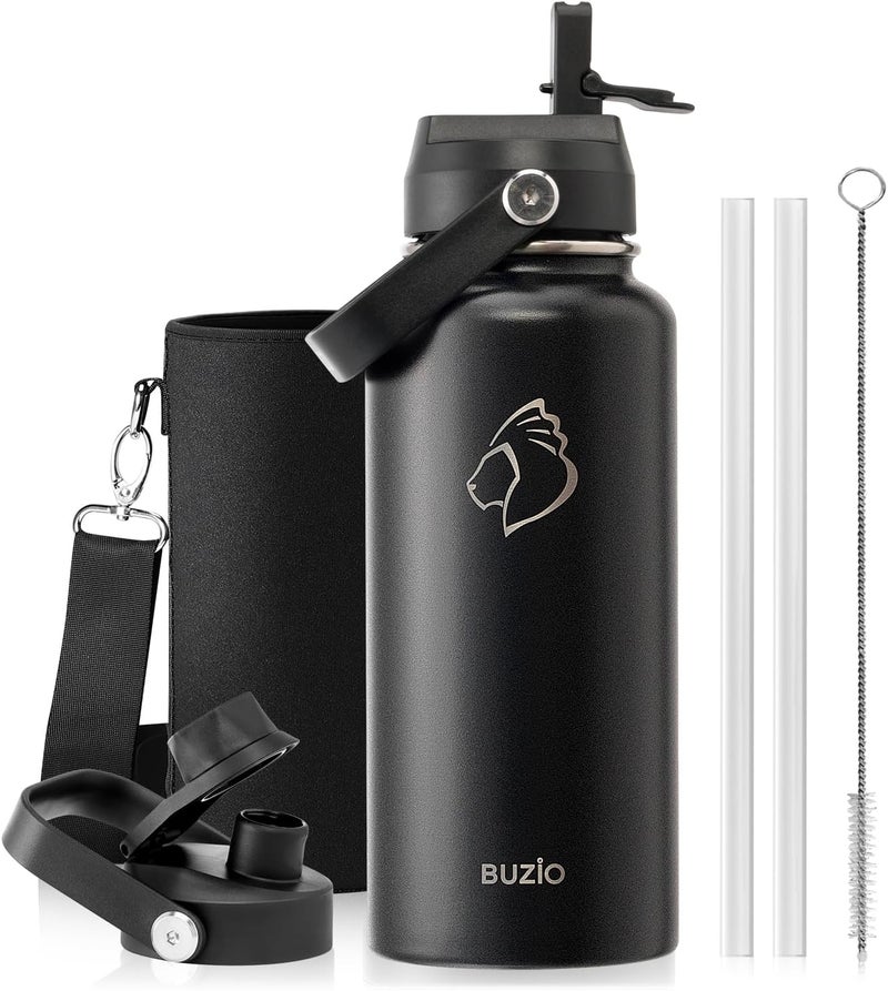 BUZIO Stainless Steel Water Bottle (Cold for 48 Hrs, Hot for 24 Hrs), 32 oz Vacuum Insulated Water Bottle with Straw Lid and Flex Cap (Double Wall, Wide Mouth, BPA Free, Leak Proof), Black - Image 1