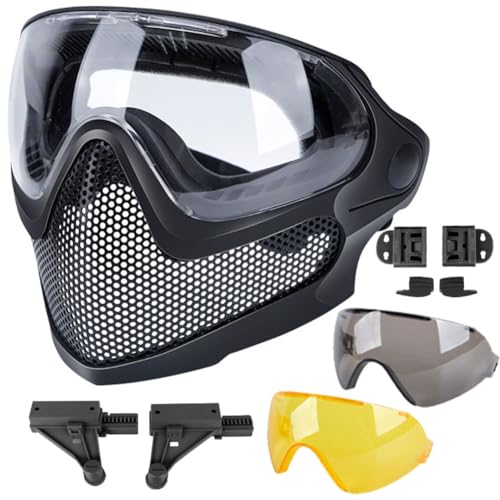 ATAIRSOFT 2 Modes Airsoft Mask Full Face Tactical Safety Protective Mask Anti-Fog Goggles Set with 3 Interchangable Lens (Black) - Image 1