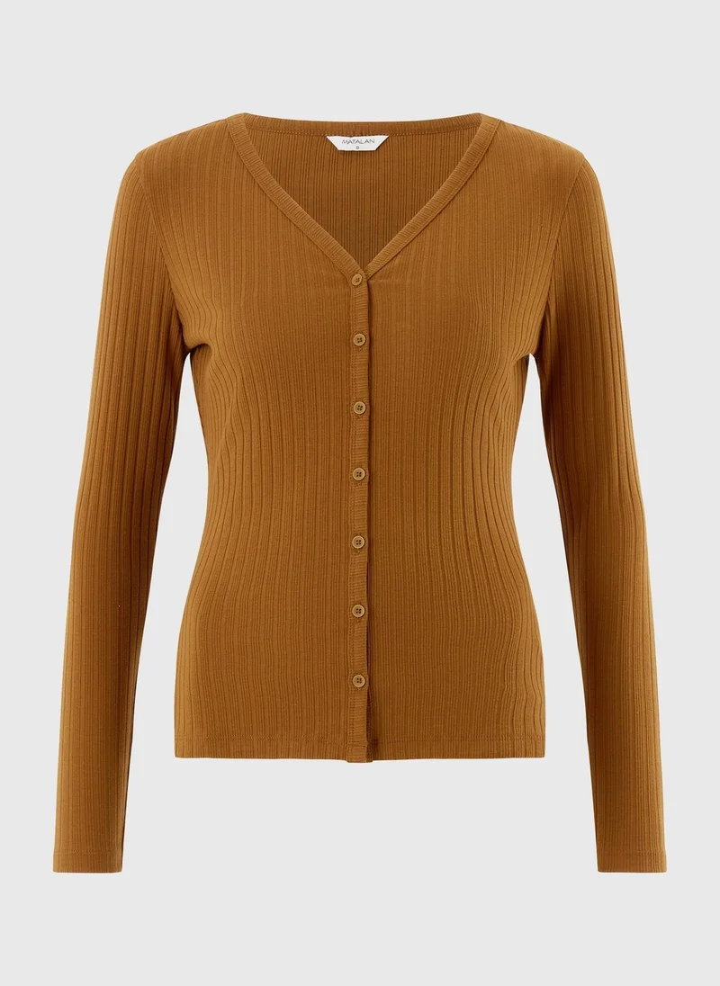 ماتلان Tan Ribbed V-Neck Cardigan