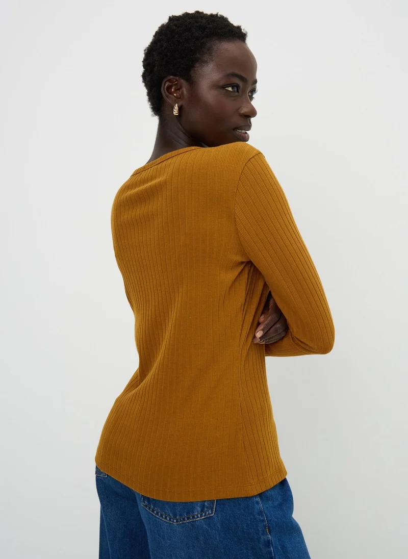 ماتلان Tan Ribbed V-Neck Cardigan