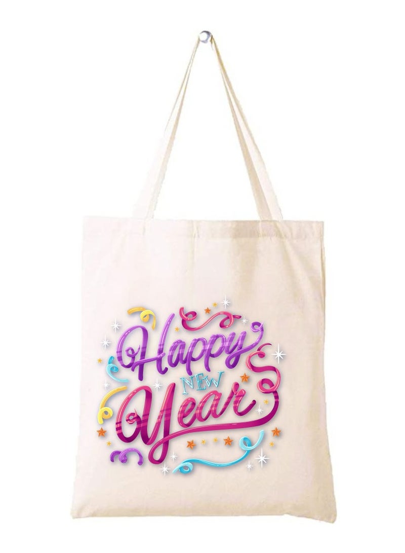 PRINTSHOP4ME Happy New Year with Printed Canvas Cotton Tote Bag - Our Cotton Tote Bags Are Stylish and Perfect for Everyday Use - New Year Shopping Bags - Image 1