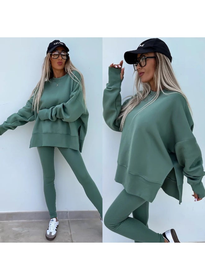 NIBEMINENT Women Sweatshirt 2 Piece Set Loose Casual Pullovers  Slit O-neck Tops Yoga Ribbed Leggings Fashion Street Outfits - Image 1