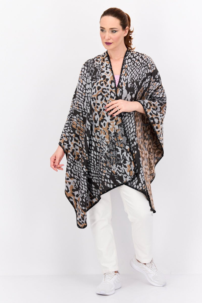 HALSTON Women Snakeskin Print Poncho Sweater, Black - Image 1