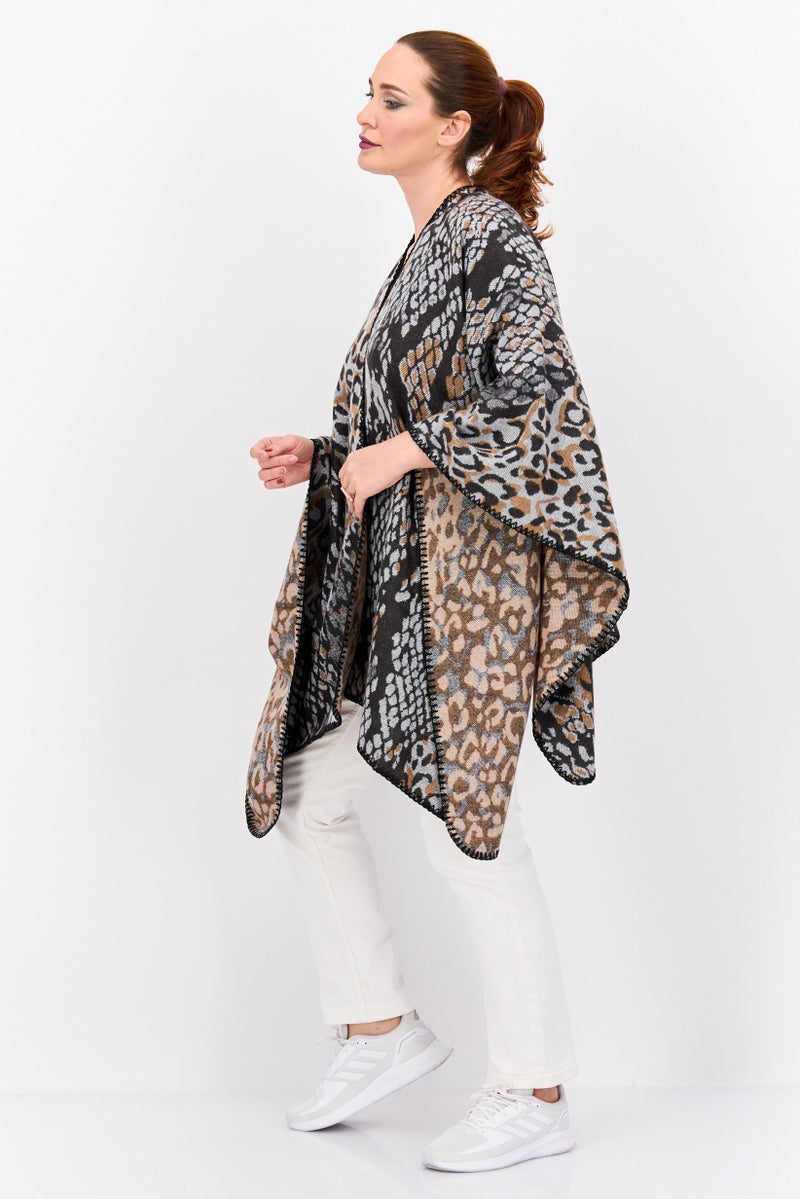 HALSTON Women Snakeskin Print Poncho Sweater, Black - Image 3